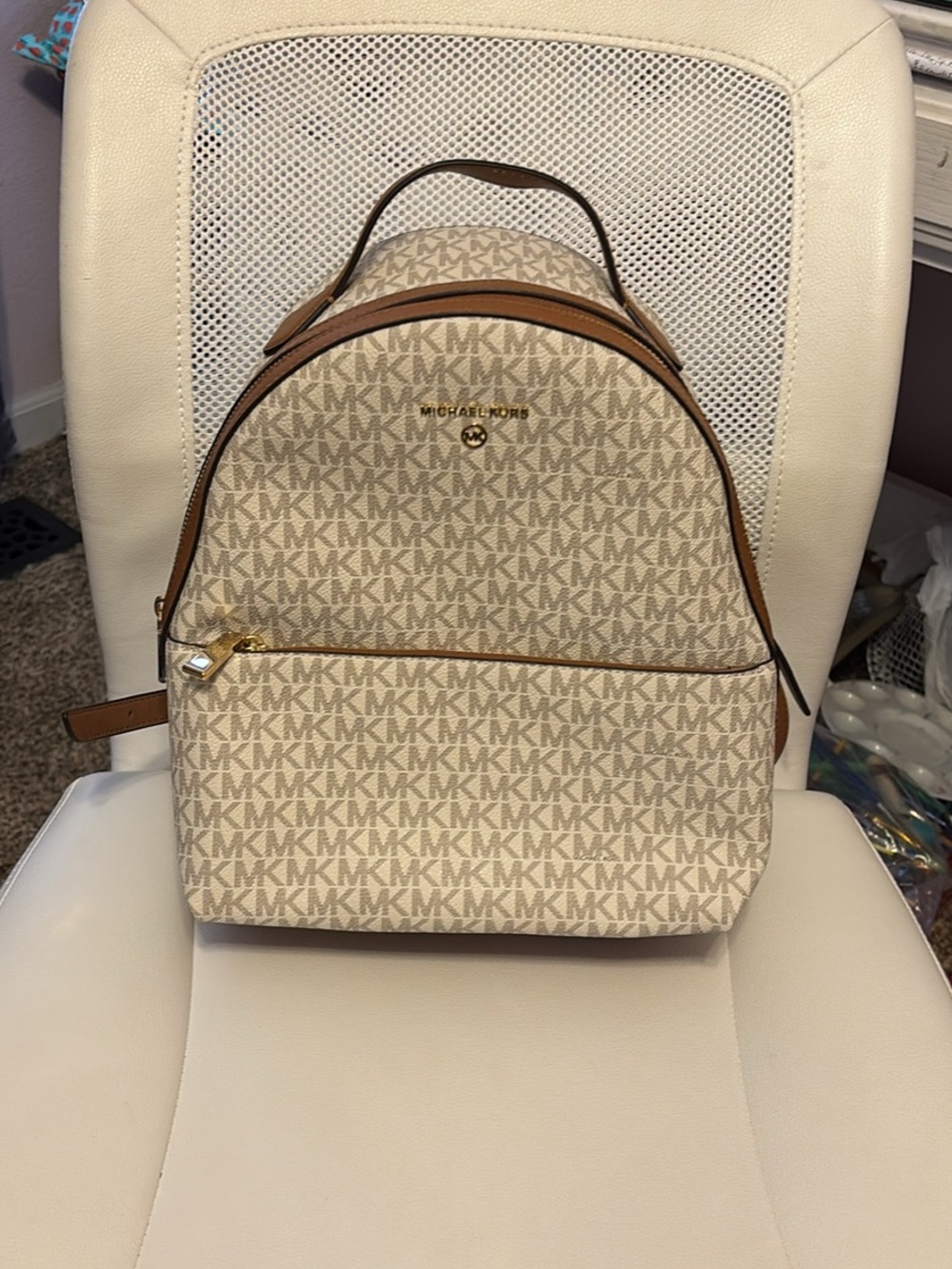 Michael Kors Cream & Brown Signature MK Backpack (Small)